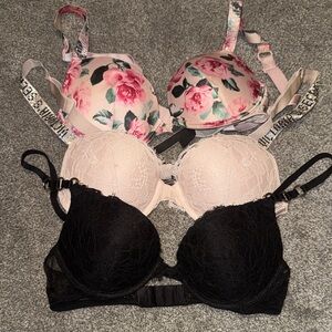 Victoria's Secret Black, Baby Pink, and Pink Floral Bra Trio